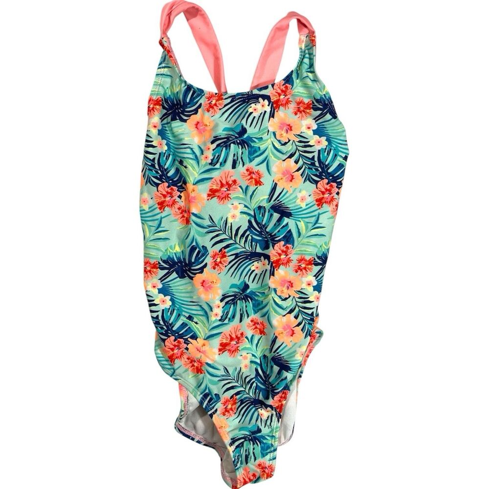 Cat & Jack One Piece Bodysuit 10/12 Tropical Cross Back Swimsuit Mint w/Flowers